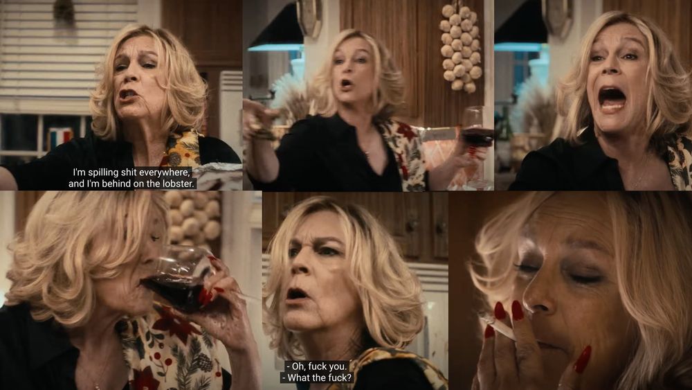 A collage of Jamie Lee Curtis in the Seven Fishes episode of The Bear