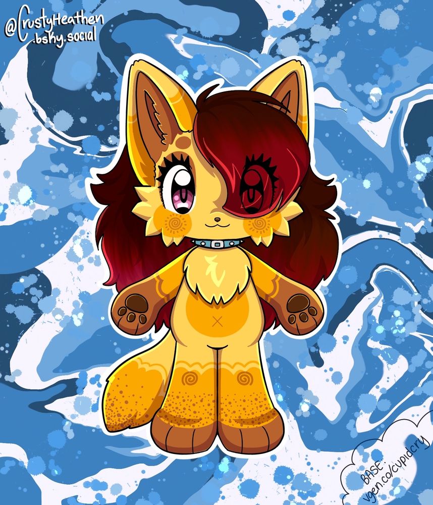 a new character up for adoption on my ko-fi! their main colors are dandelion, golden yellow, and a warm orange-brown. they have  long red hair and pink eyes, as well as sunshine symbols on their cheeks! their feet and tail are speckled. 