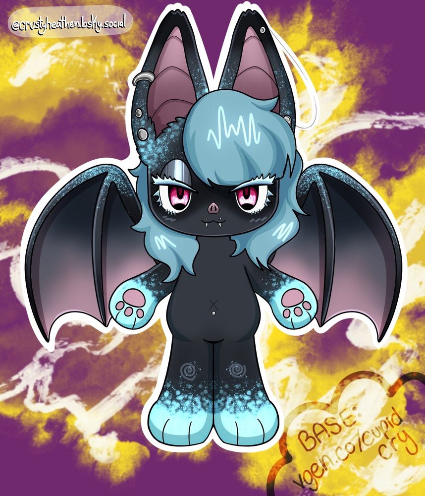 a chibi base (made by cupidcry), colored and shaded to show the full body colors of the batty! a marble pattern of purple, white, and gold are behind them. glowy blue covers their paws and some other spots on their body! 
