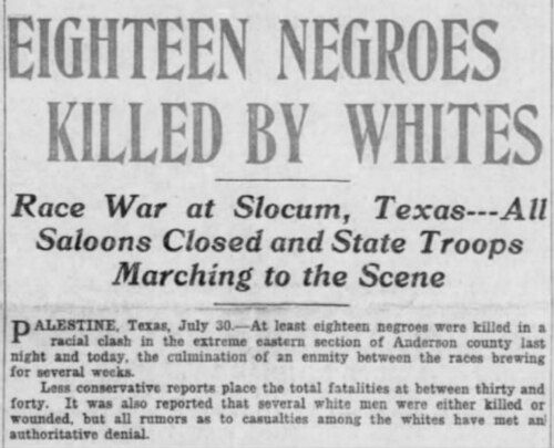 Headline and lead paragraph in The Salt Lake Herald-Republican of July 31, 1910: "Eighteen Negroes Killed by Whites."