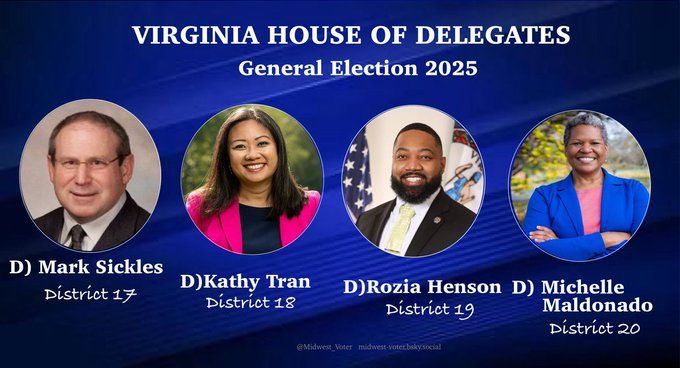 Graphic supporting Mark Sickles, Kathy Tran, Rozia Henson and Michelle Maldonado for re-election to the Virginia House of Delegates. Early voting is under way and the election is Nov. 3, 2025.