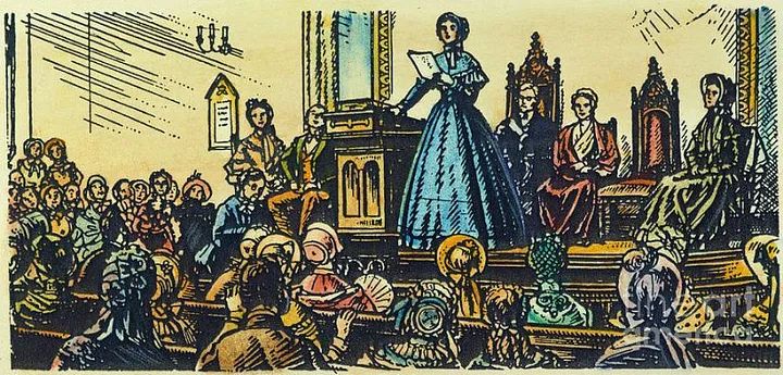 Image depicting a woman speaking at the Seneca Falls Convention.