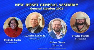 Graphic supporting Linda Carter, James Kennedy, Guy Citron and Tyler Powell for New Jersey General Assembly. Election Nov. 4, 2025.