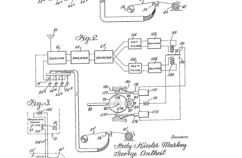 Drawing from the 1942 patent for a method of using “frequency-hopping” to create a jam-proof radio-guided torpedo. Image credit: U.S. Patent Office.