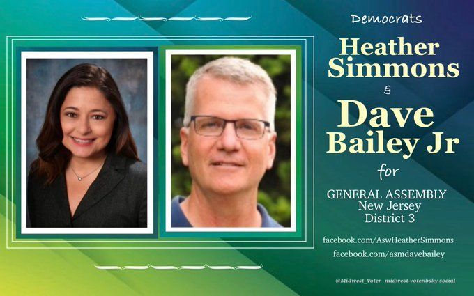 Graphic supporting Heather Simmons and Dave Bailey Jr. for re-election in New Jersey General Assembly District 3.