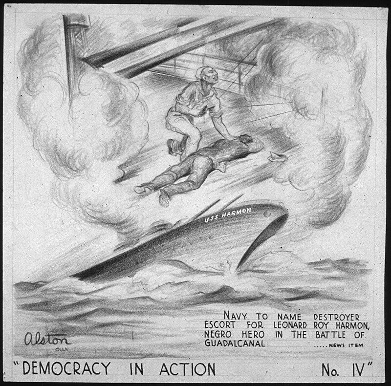 An Office of War Information poster from 1943 by Charles Alston depicting USS Harmon and its namesake. Image credit: National Archives.