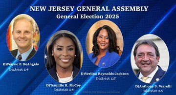 Graphic supporting Wayne DeAngelo, Tennille McCoy, Verlina Reynolds-Jackson and Anthony Verrelli for New Jersey General Assembly Districts 14 and 15. Election Nov. 4, 2025.