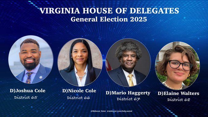 Graphic supporting Joshua Cole, Nicole Cole, Mario Haggerty and Elaine Walters for the Virginia House of Delegates. Election Nov. 4, 2025.
