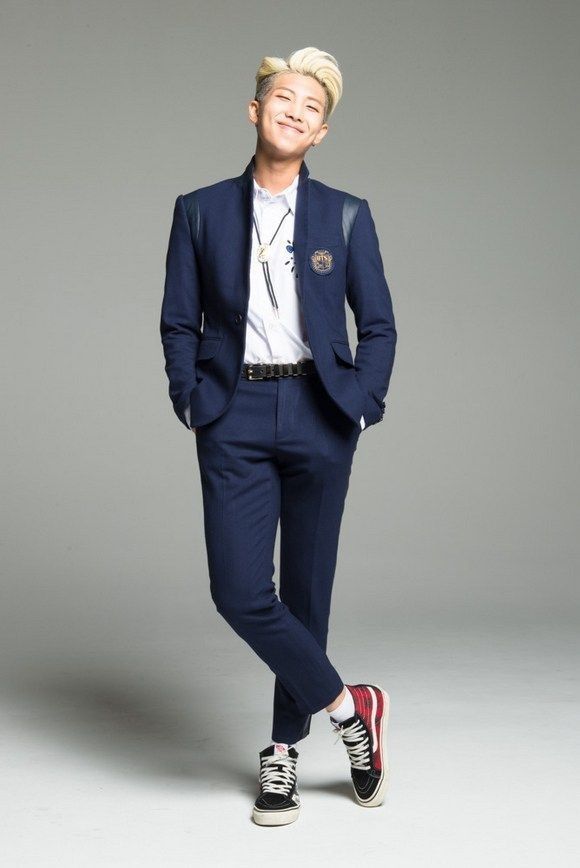 handsome Namjoon in a navy blazer with his ice cream hair back in Red Bullet era