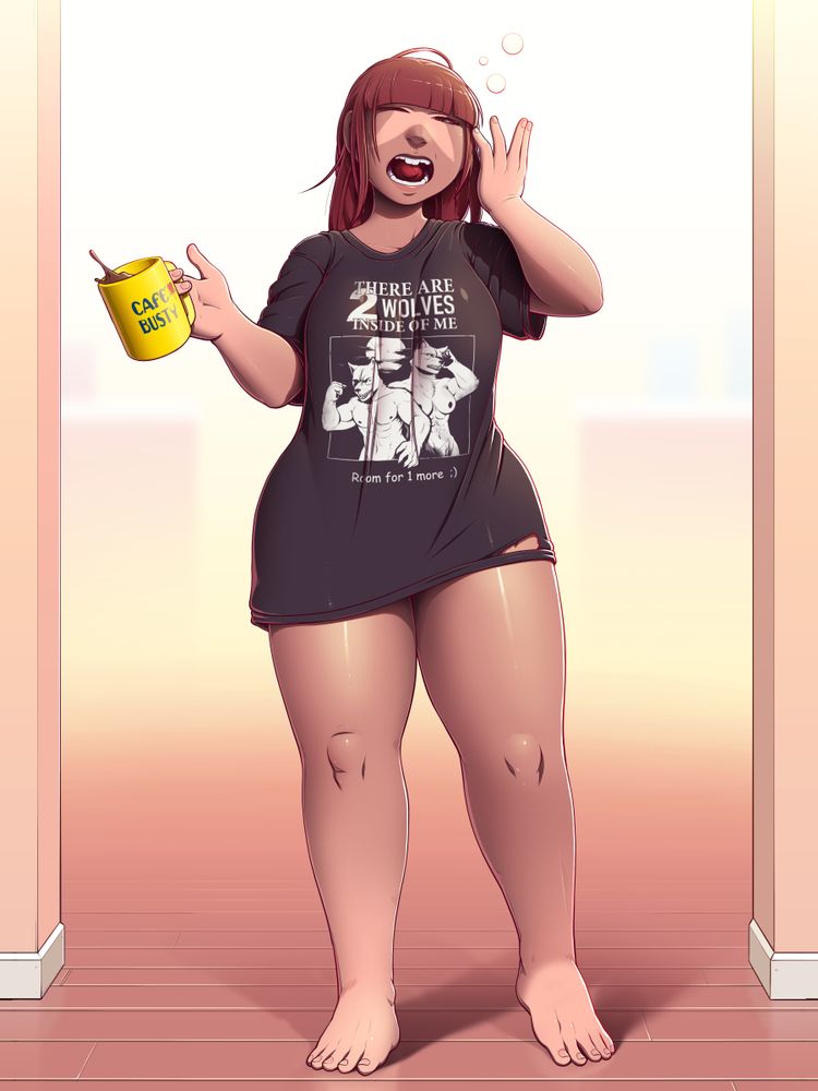 gomme is groggily yawning, holding a yellow "cafe busty" mug and wearing only a black tshirt adorned with two buff werewolfs that reads "there are 2 wolves inside me. room for 1 more ;)"