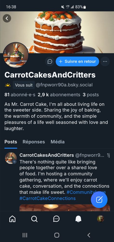 Screeshot of a bluesky account posting ai "art" of cartoon carrot cakes