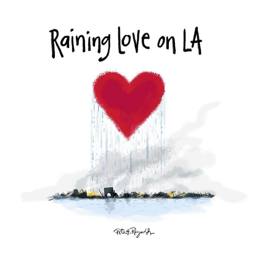 Illustration by Peter, H. Reynolds of Hart hovering above Los Angeles – raining down Love on the city and those impacted by the LA fire storms. 