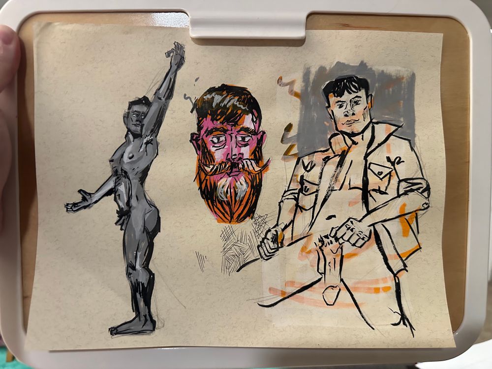 Various portraits and figures painted in posca and brush pen.