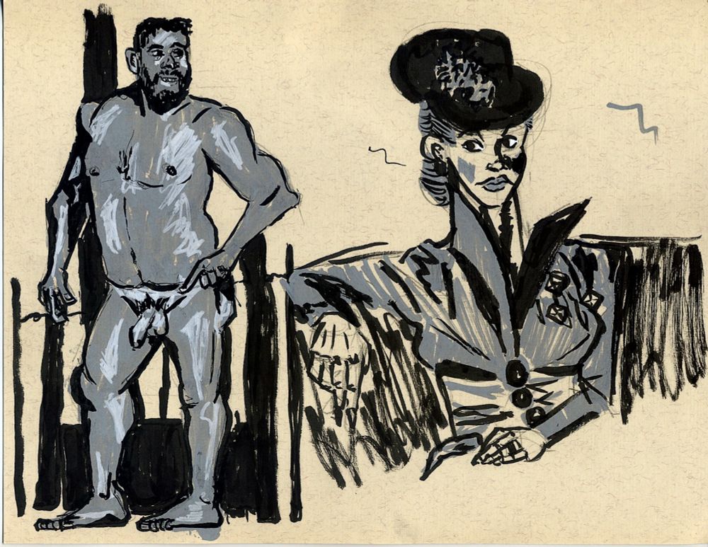 Grey & white posca pen along with ink sketches of a male nude and a woman in a hat.