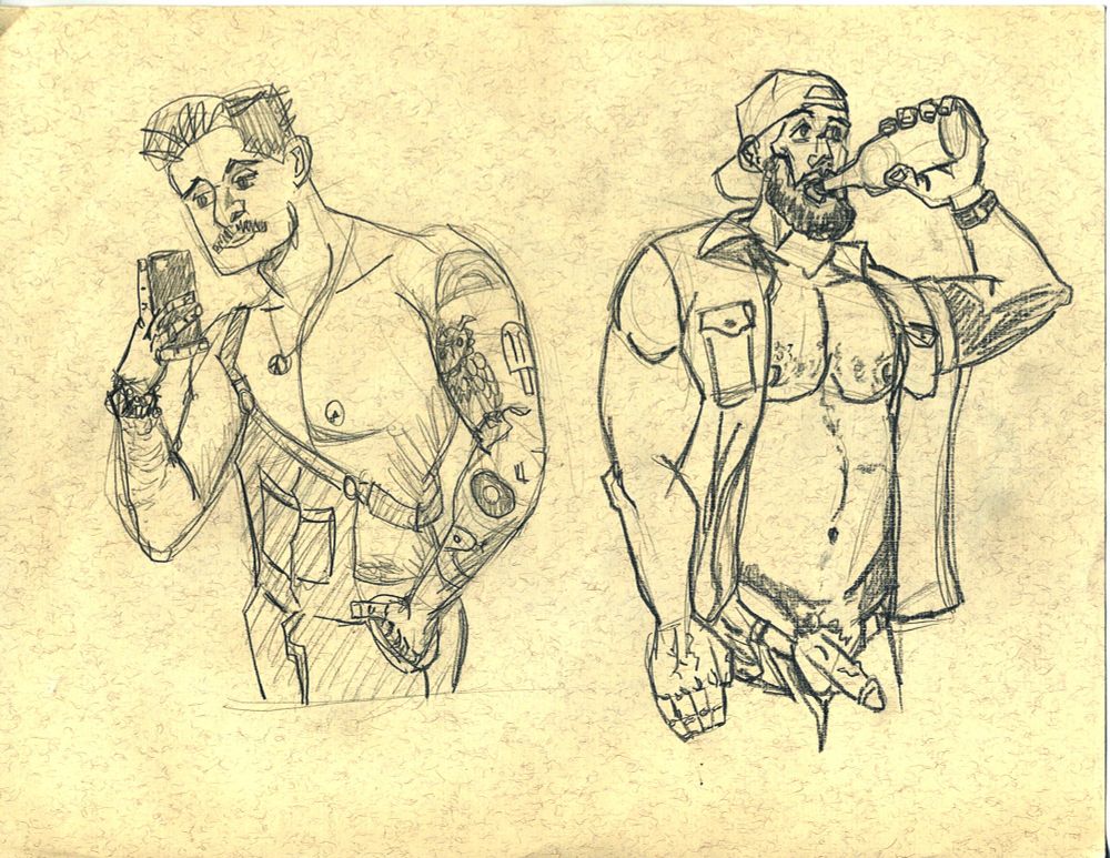 Pencil sketches of men in various stages of undress (photo reference).
