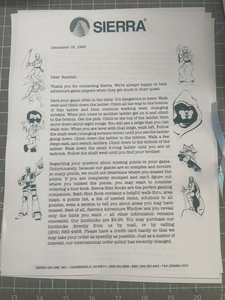 Sierra Hint Letter. 