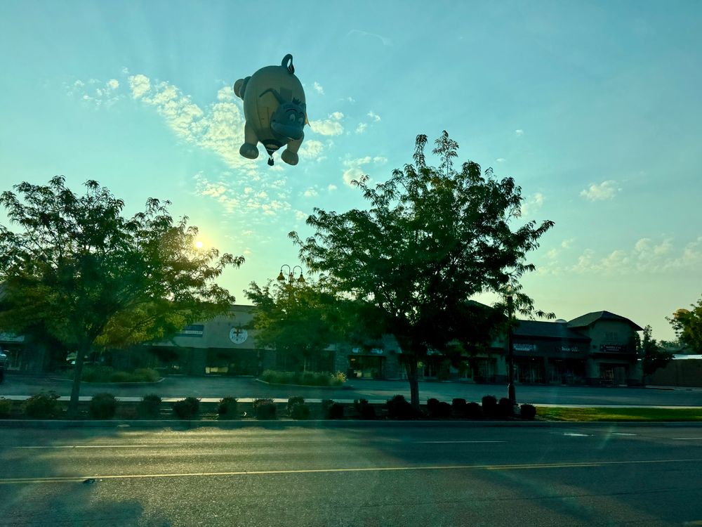 Elephant shaped hot air balloon flies butt-up over Boise’s Vista Village.