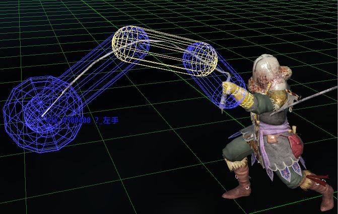 Image of Dark Souls 1 whip attack showing all 4 hitbox shapes. From left to right: blue, blue, yellow, blue.