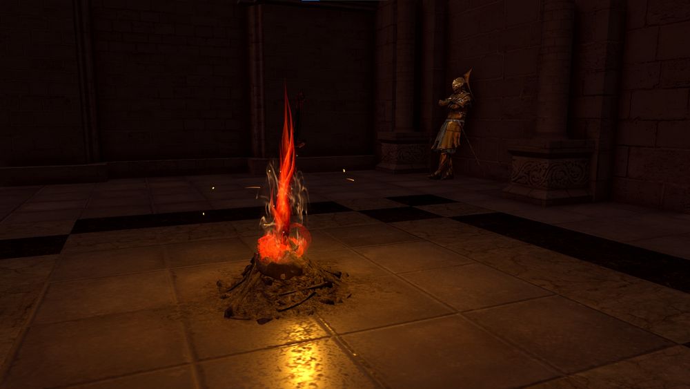 Dark Souls Remastered bonfire with Prepare To Die Edition visuals