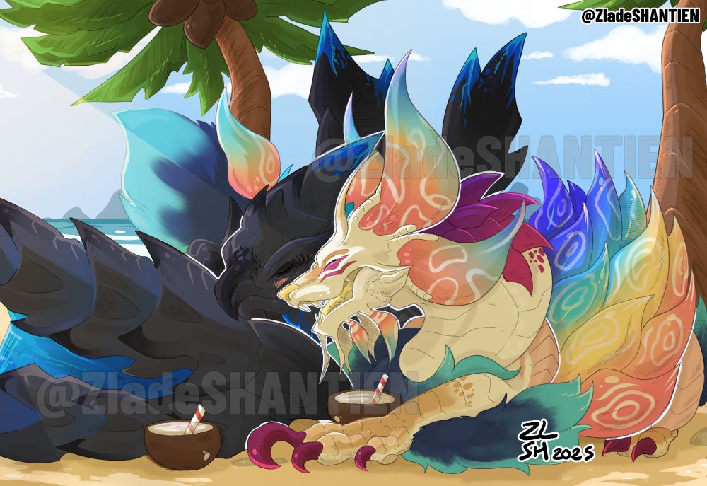 A black and blue Valtrasx chilling on the beach with a tropical-colored Mizutsune.
