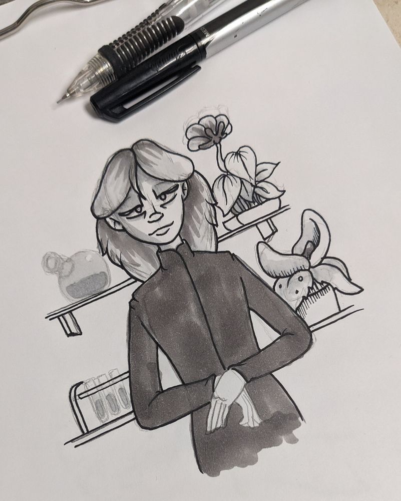 pencil and ink sketch on a clipboard of a woman in front of shelves with plants and bottles on it 