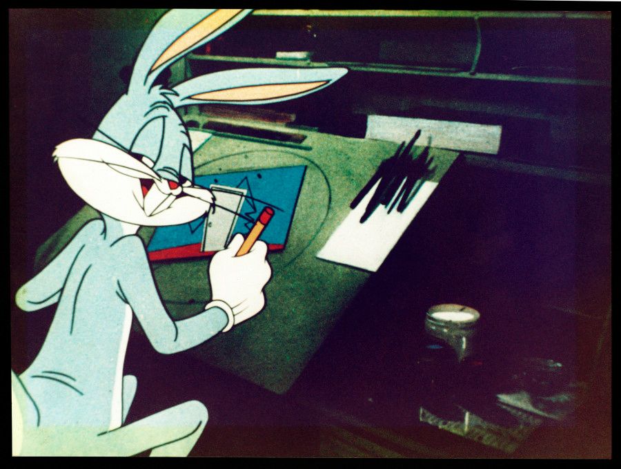 The final image from the Looney Tunes classic, "Duck Amuck." Bugs Bunny sits at an artist's drawing board, looking back over his shoulder with a sly look.