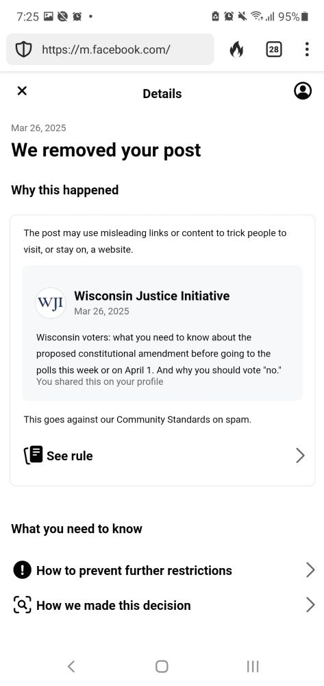 FB explanation for removing my post sharing the WJI ad, saying it was "spam"