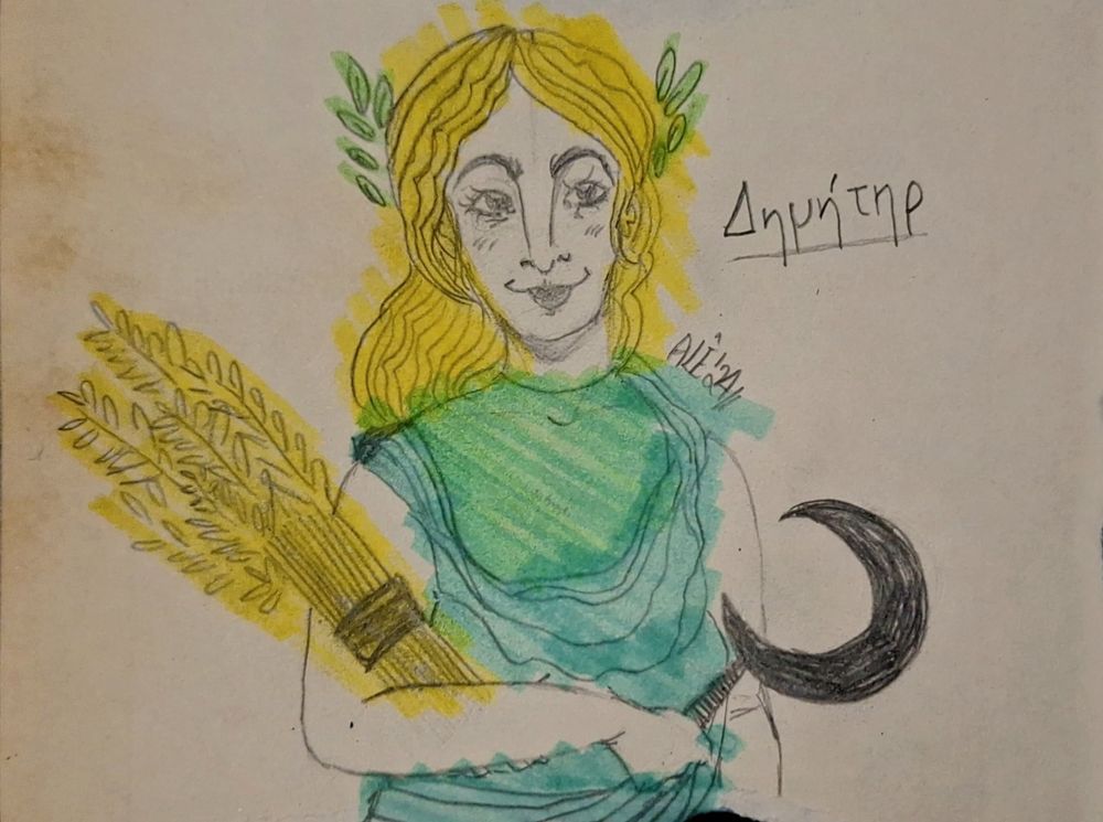 Goddess Demeter holding a sickle and some wheat.