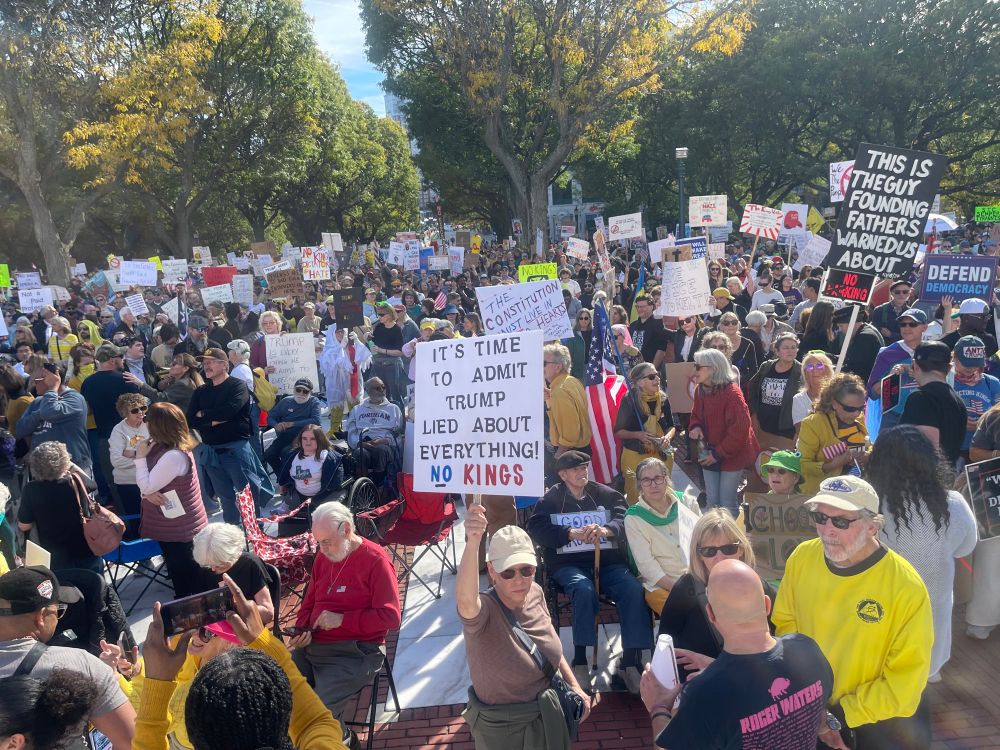 Many people massed outside the RI state capitol for the No Kings Protest on Oct. 18 2025