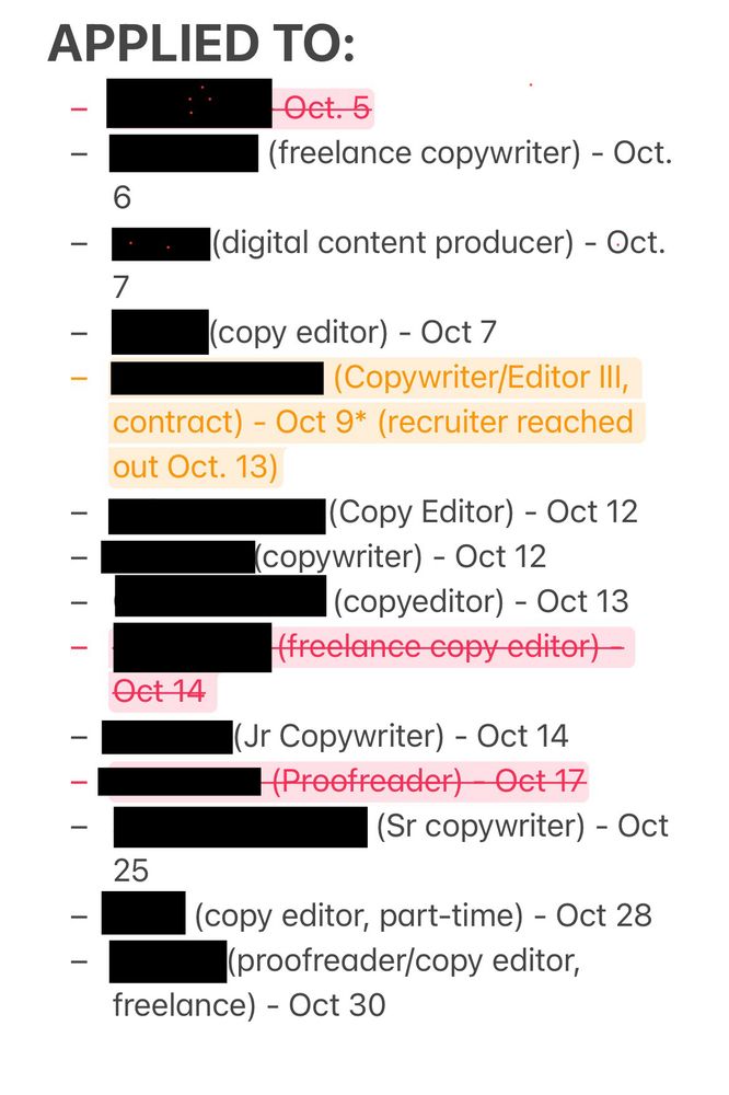 A list of 14 copy editor and copywriter jobs I've applied to (company names blacked out). Three are striked out in red indicating I got an actual "thanks for applying, we're not considering you" emails from them. One is highlighted in orange idicating a recruiter called (but haven't heard from since). The rest indicate no response. 
