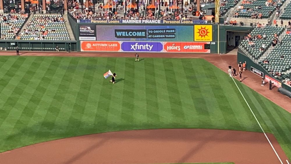 A far shot of Right Field at Camden Yards where the Oriole Bird is running towards the stands while carrying the Progress Pride Flag that includes Intersex (Rainbow stripes with a chevron that has black, brown, white, light blue,and pink stripes with a yellow triangle with a purple circle)