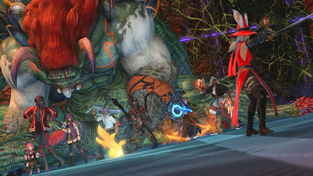A group of 8 Final Fantasy XIV players pose in front of the corpse of the third boss of the current Savage raid tier, some kind of weird plant monster.