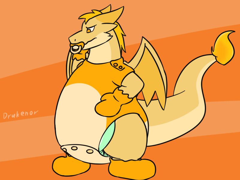 Chubby dragon Drakenor wearing baby booties, mittens, onesie, diaper under onesie, holding pacifier in his mouth.