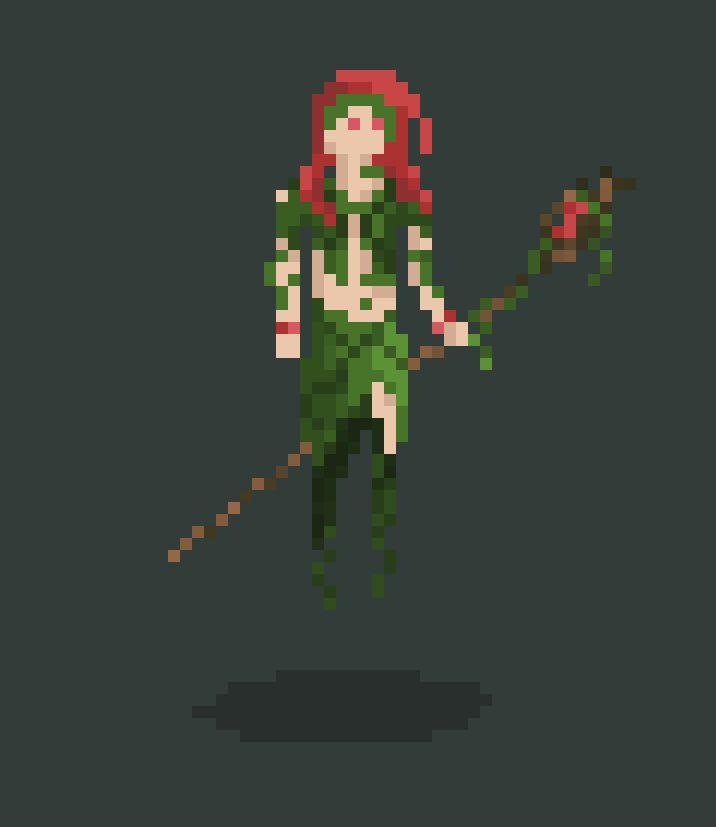 A floating druidic nymph-like character with red hair and vines all over her.