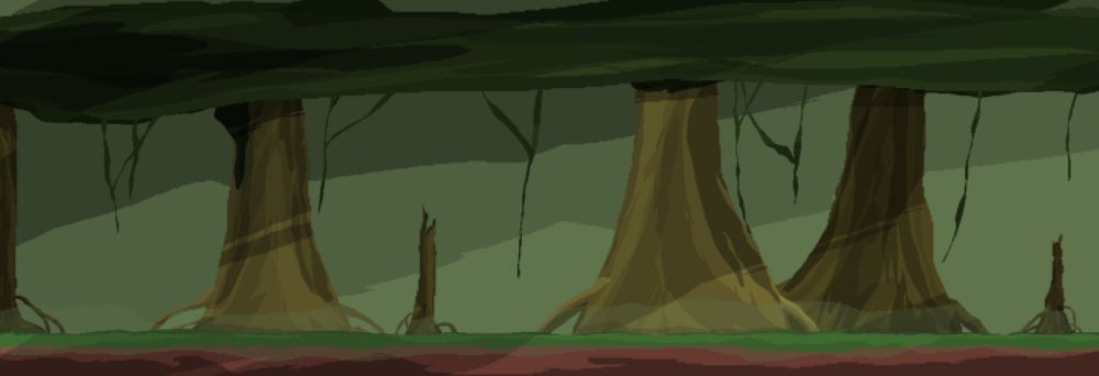 A jungle landscape with fog and large trees.
