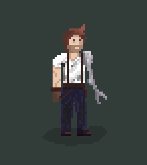 A grizzled handyman with a mechanical arm, covered in grease and oil.