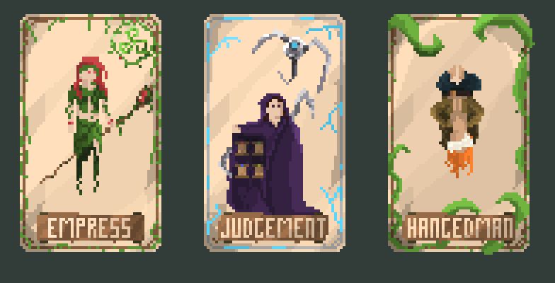 3 tarot card designs using game pixel art.