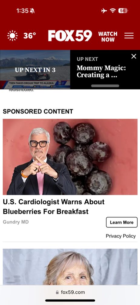 Screenshot of some sad clickbait thumbnail that says “U.S. Cardiologist Warns About Blueberries For Breakfast” under a photo of some berries and the presumed cardiologist making a little “no-no x” with his index fingers  