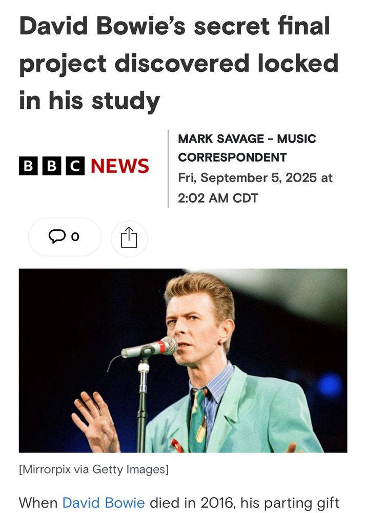 BBC News headline: David Bowie's secret final project discovered locked in his study