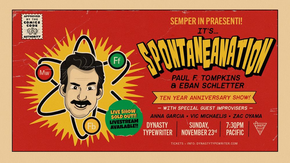 A comic book style promotional image for a livestream show featuring my floating head as the center of an atom.

The show features me, Eban Schletter, Anna Garcia, Vic Michaelis and Zac Oyama