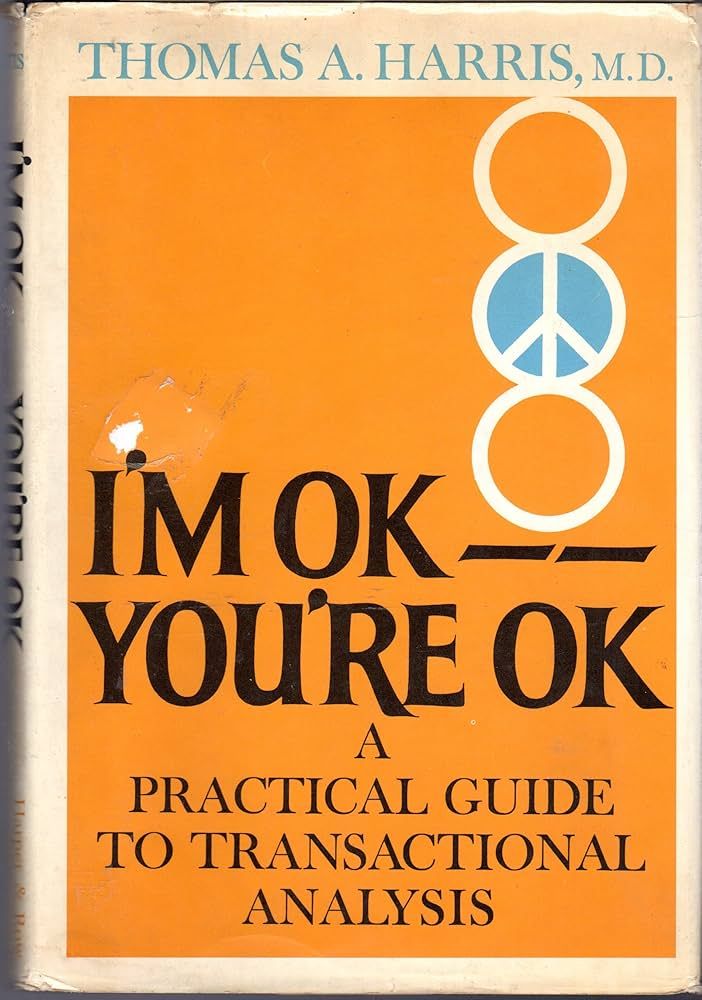 Cover of the book "I'm OK, You're OK" with the author's name, Thomas A. Harris, MD at the top in blue on a white background. The title is black on an orange background with three vertical circles above it, the middle circle being a peace sign. The subtitle is in black and is below the title and reads "A Practical Guide to Transaactional Analysis."