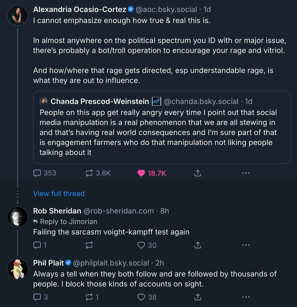 A screenshot of a bluesky retweet by AOC of a thread by Chanda Prescod-Weinstein with comments down the thread by Rob Sheridan and Phil Plait.