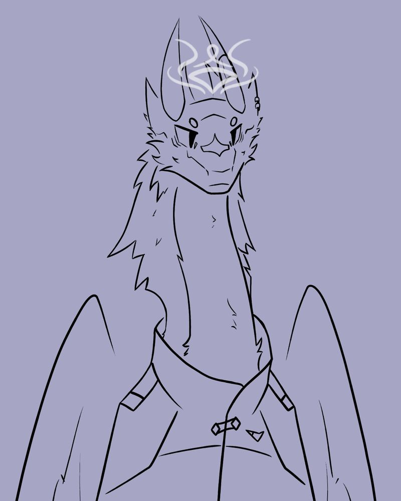 A sketch of a feathered dragon from the front, with a spectral crown above his head. He has earrings and a band around his left horn, and a cloak is draped around his legs. 