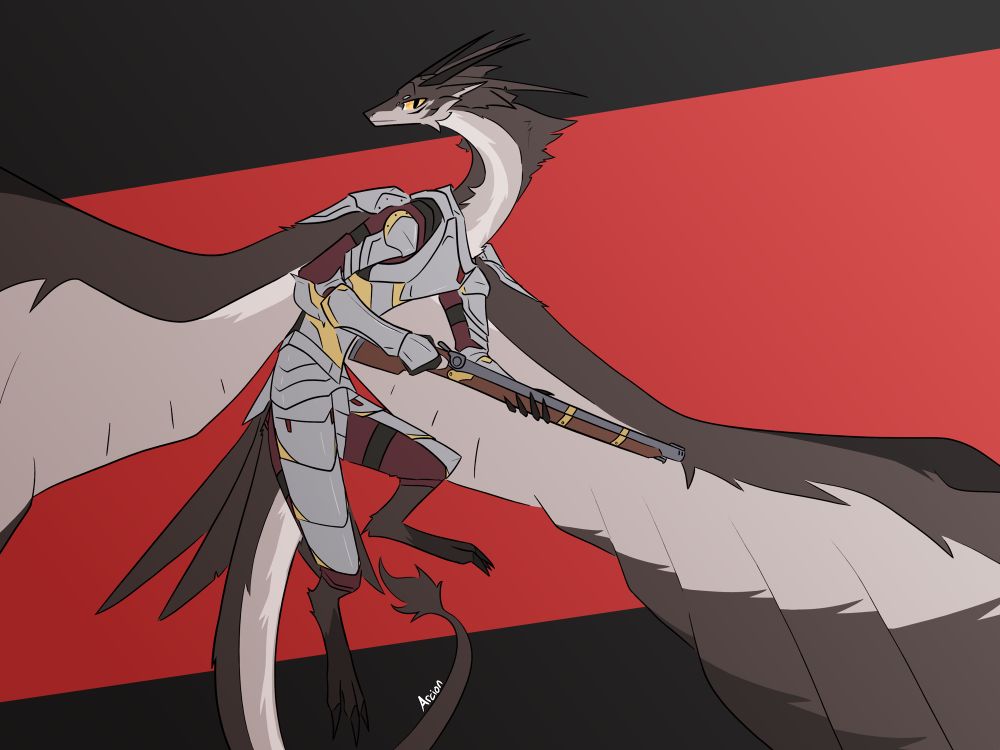 A Vasaran Imperial Dragon from my Firelance setting. He is a feathered dragon with a brown and beige color scheme reminiscent of desert raptors. He is wielding a large wheellock gun and is wearing silver and gold anima-styled plate armor over a red undersuit.