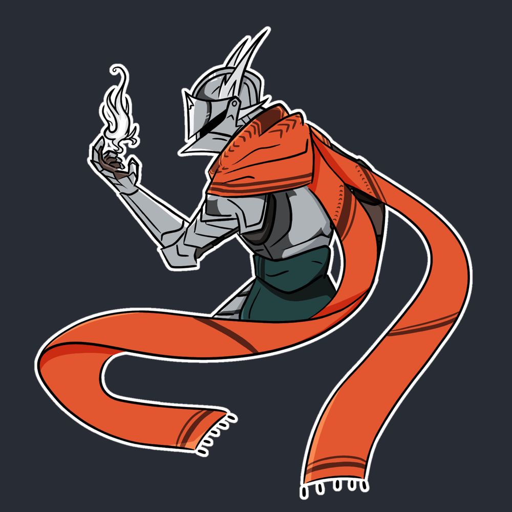 A knight looking over his shoulder as he holds a white flame in his left hand.

A long orange scarf adorns his neck, and a teal cloth wraps around his waist