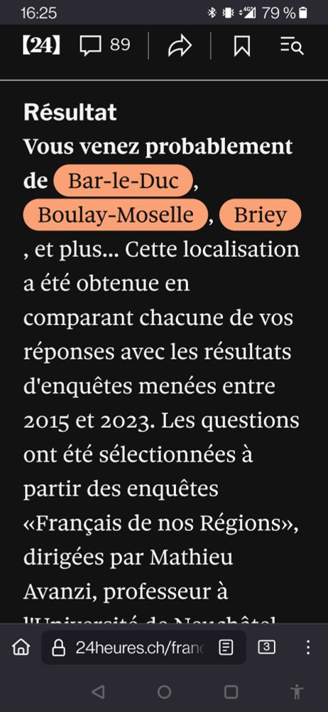 Résultat
Vous venez probablement de Bar-le-Duc
, Boulay-Moselle
, Briey
, et plus... Cette localisation a été obtenue en comparant chacune de vos réponses avec les résultats d'enquêtes menées entre 2015 et 2023. Les questions ont été sélectionnées à partir des enquêtes «Français de nos Régions», dirigées par Mathieu Avanzi, professeur à 