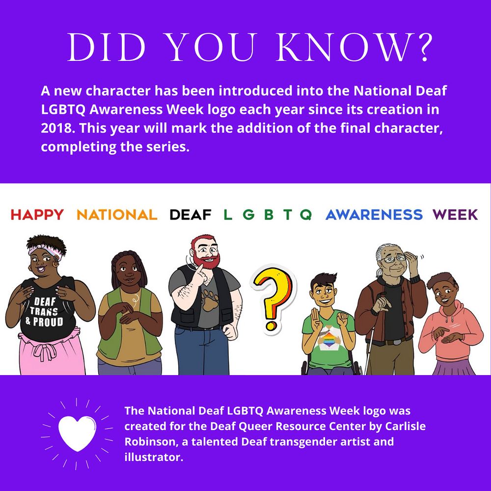 image: (purple background) 

“DID YOU KNOW? 

A new character has been introduced into the National Deaf LGBTQ Awareness Week logo each year since its creation in 2018. This year will mark the addition of the final character, completing the series. 

(awareness week logo description: https://bit.ly/deaflgbtqweek24logo - middle Asian character replaced with a ? mark) 

The National Deaf LGBTQ Awareness Week logo was created for the Deaf Queer Resource Center by Carlisle Robinson, a talented Deaf transgender artist and illustrator.”