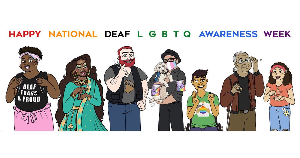 [image description:
bit.ly/deaflgbtqweeklogo25] 

We’re excited to reveal the final version of the National Deaf LGBTQ Awareness Week cartoon logo!

Can you spot the new character?

Meet Drago and his service dog, Magnus! Drago is the Founder and Executive Director of the Deaf Queer Resource Center (DQRC) and the main driving force behind #DeafLGBTQWeek. After nearly 40 years of service to the Deaf LGBTQ communities (30 of those specifically with DQRC), Drago is hoping to finally retire this year.

With this final character update, this fun logo series is now complete; every character in the logo has been replaced once since the logo’s inception in 2018.

All previous versions of this logo, from 2018 to the present, will remain available for use going forward until a future committee decides to create an all-new one.

A huge thanks to the incredibly talented Carlisle Robinson for creating and updating the #DeafLGBTQWeek logo over the past 8 years! We absolutely love every single one of them! Thank you, Carlisle! 🤟🏽💜

***

#DeafQueer #DeafQueerPride #DeafLGBTQ #DeafTrans #DeafQueerWeek #DeafQueerPrideWeek