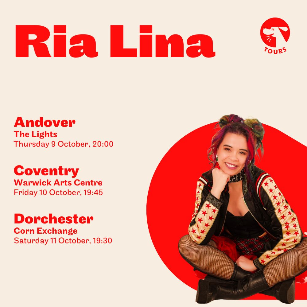 Graphic promoting Ria Lina’s shows this week.  Accompanying image of Ria Lina. Details in caption.
