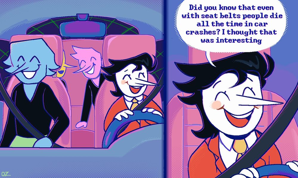 Digital art, comic, the fist panel is Big Shot Spamton driving a car with the addisons, the second panel is a close up plan on him saying "Did you know that even with seat belts people die all the time in car crashes? I thought that was interesting" 
